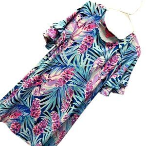 Lilly Pulitzer S Tropical Print Ruffle-Sleeve Dress Blue Pink Rayon/Spandex